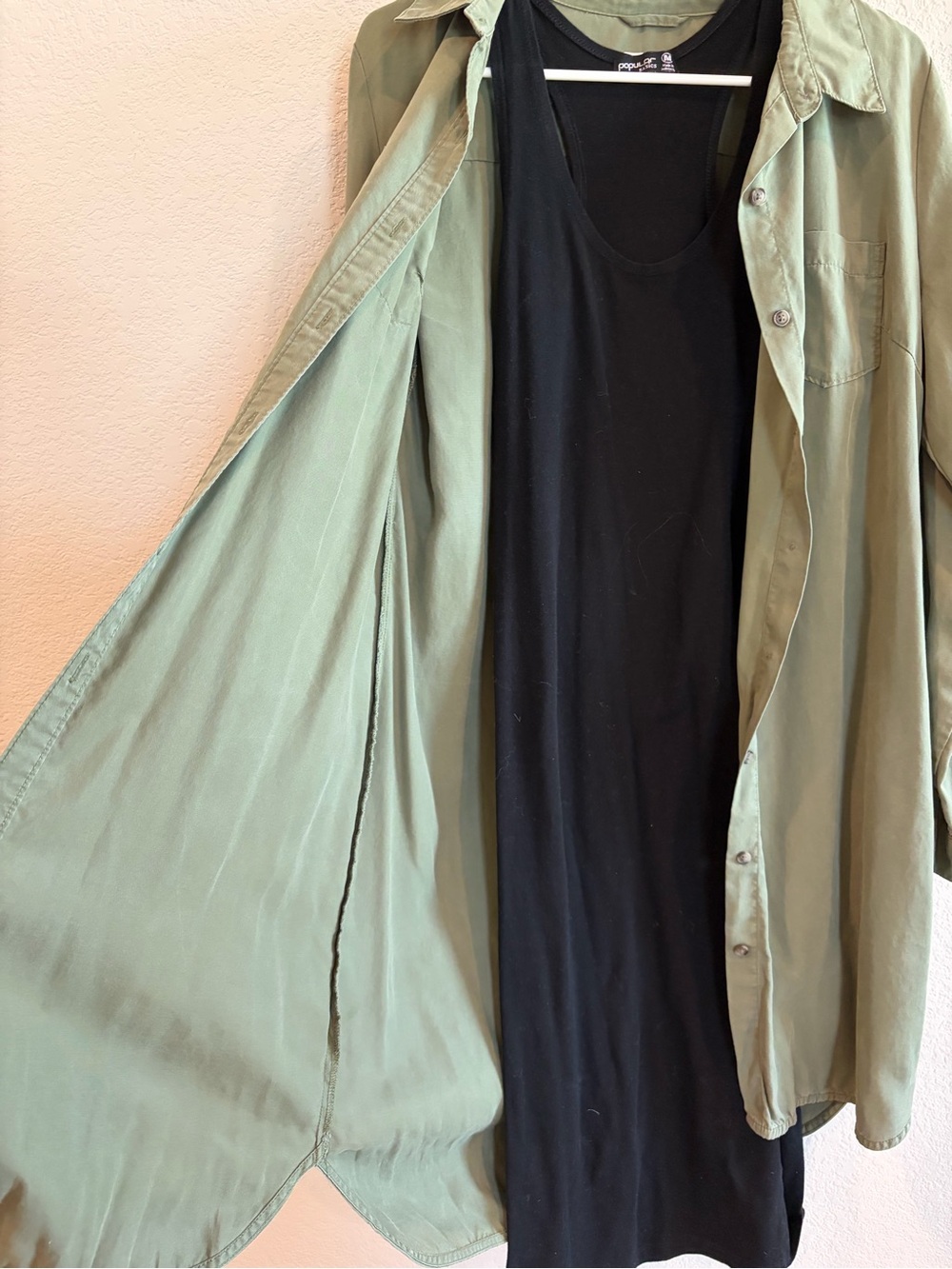Merona Olive Green Long Button Front Shirt Dress Size M + black body con dress